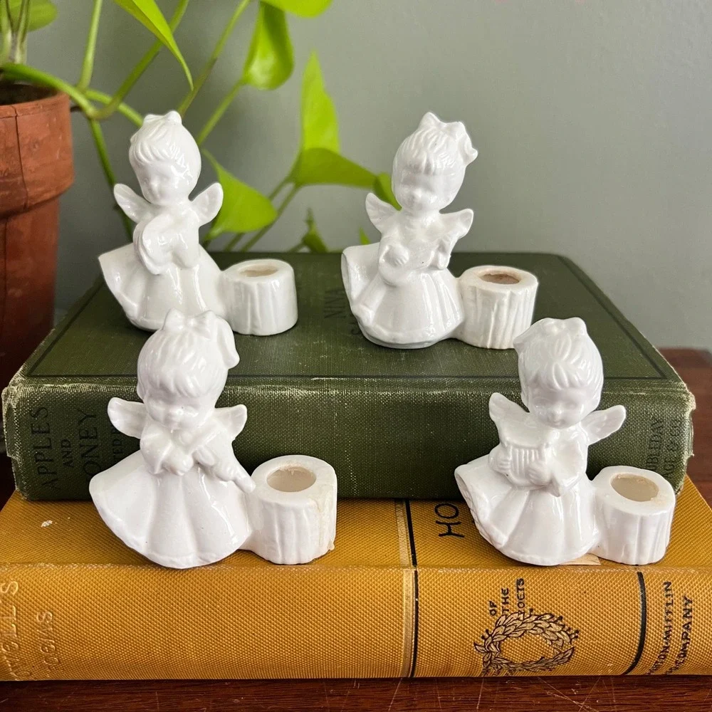 Colonial Candle of Cape Cod Vintage White Porcelain Musical Angel Holders Set 4